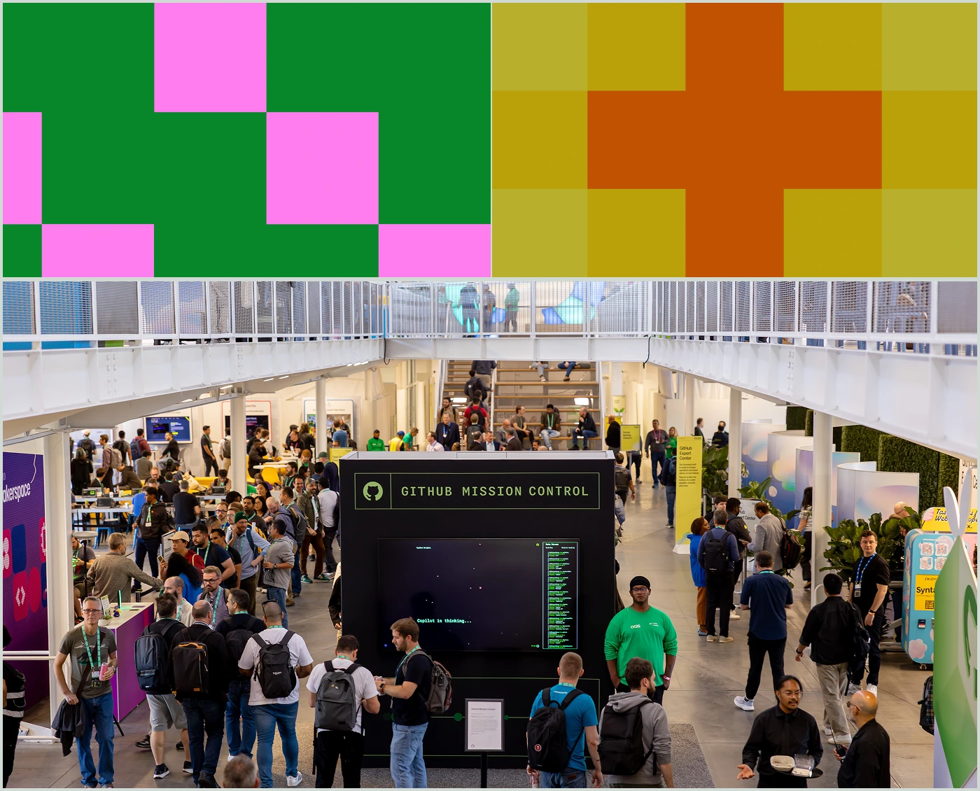 Attendees gather in a large GitHub Universe expo hall around a central GitHub Mission Control display.
