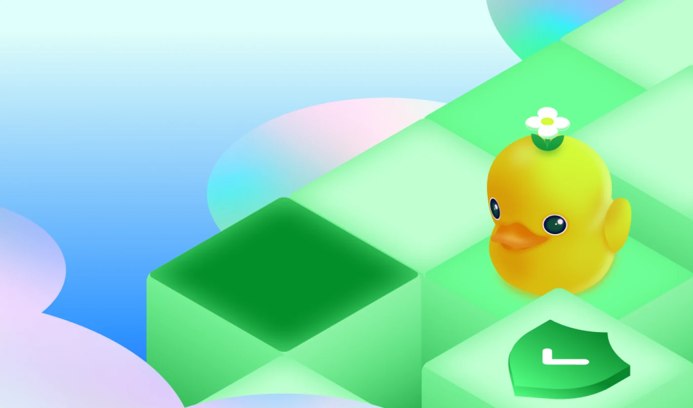 An illustration of a yellow duck that is jumping on cubes and clouds